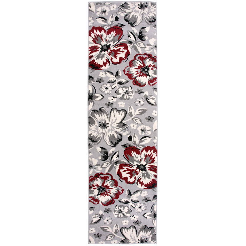 Rooshi Floral Gray/Red Area Rug, Runner 2' x 7'2"