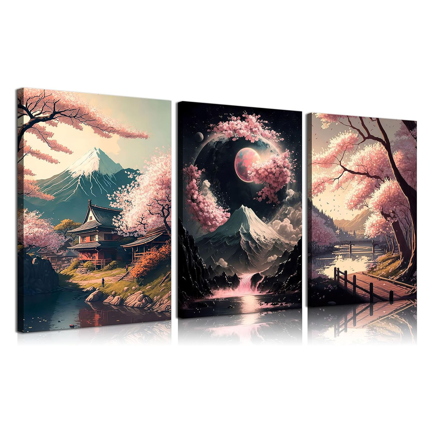 Fleur De Lis Living 3Pcs Japanese Canvas Wall Art Cherry Blossom Lake ...