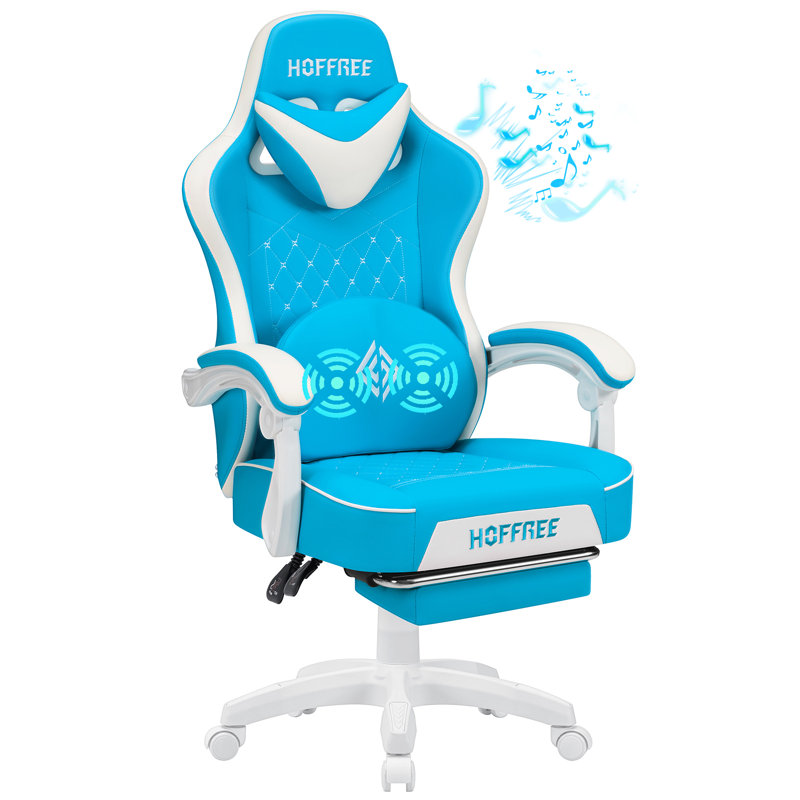 Fauteuil inclinable et ergonomique en similicuir avec haut-parleurs Bluetooth, Bleu ciel / blanc