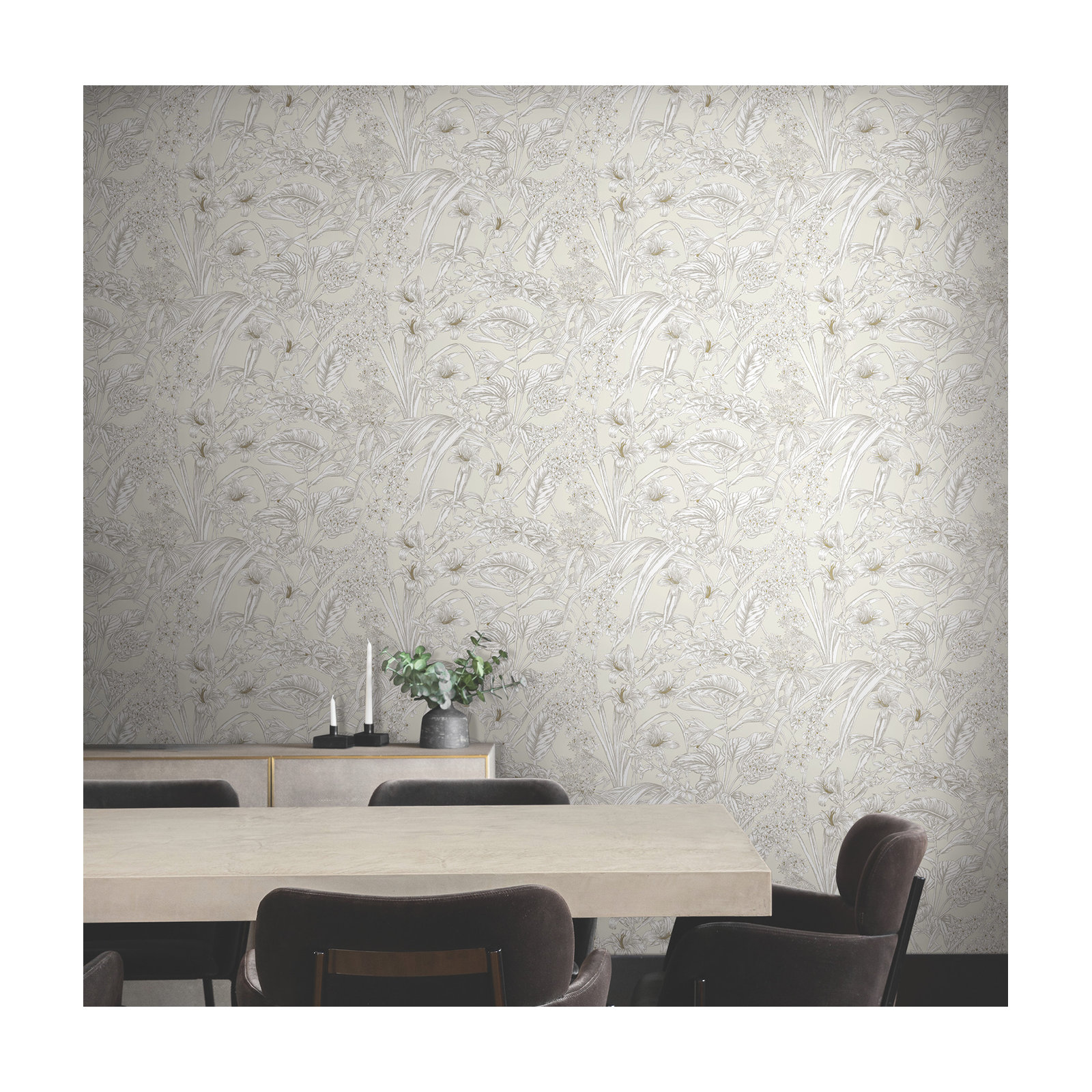 Conservatory Toile Floral,Solids Wallpaper, Beige & Taupe