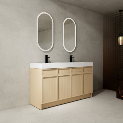 Armoire de meuble-lavabo 60 po avec lavabo en résine double et charnières - Accessoire moderne avec base en contreplaqué blanc