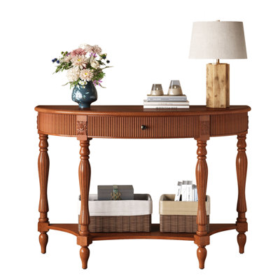 Solid Wood Half Moon Console Table with Drawer & Shelf