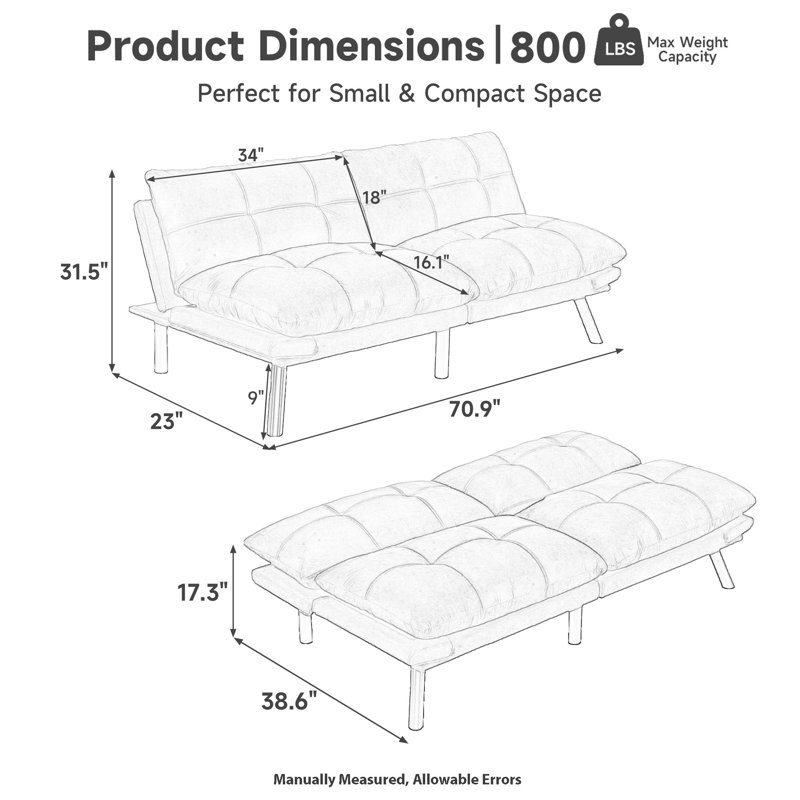 70.9" Upholstered Convertible Reclining Futon Sofa Bed with Adjustable Armrests, Gray Velvet