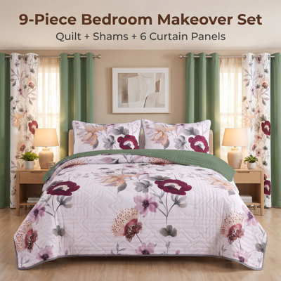 Ensemble de 9 pièces en microfibre vert sauge à motif floral comprenant un couvre-lit, des rideaux, 2 taies d'oreiller et 6 panneaux à œillets filtrant la lumière.