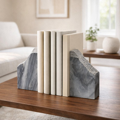 Marble Live Edge Bookends, Set of 2, 7", Elegant Black - Perfect Home Office Decor Accessory