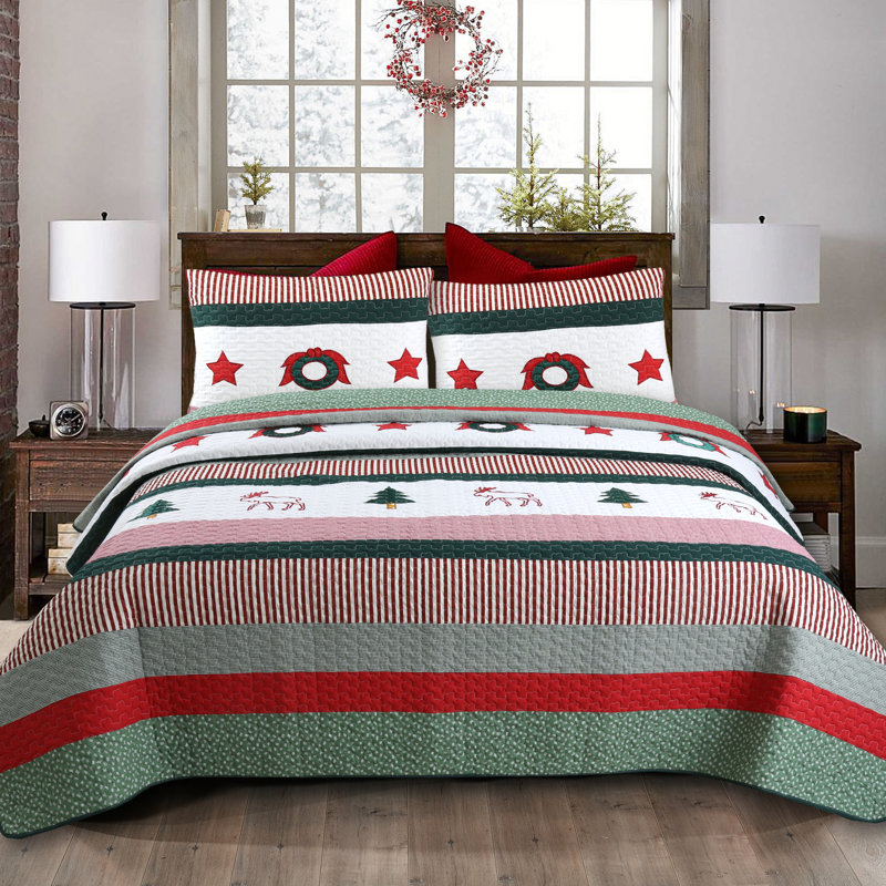Rustic Cotton Striped Quilt, King Quilt + 2 Shams