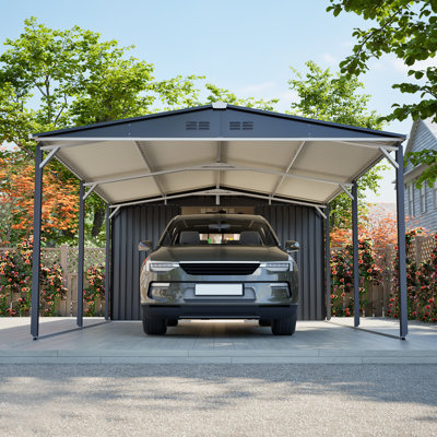 12' X 23' Heavy Duty Metal Carport & Storage Shed Combo – 2-in-1 Steel Garage With Sliding Door, Uv-protected Sloped Roof, And Reinforced Structure For Car, Boat, And Farm – Gray