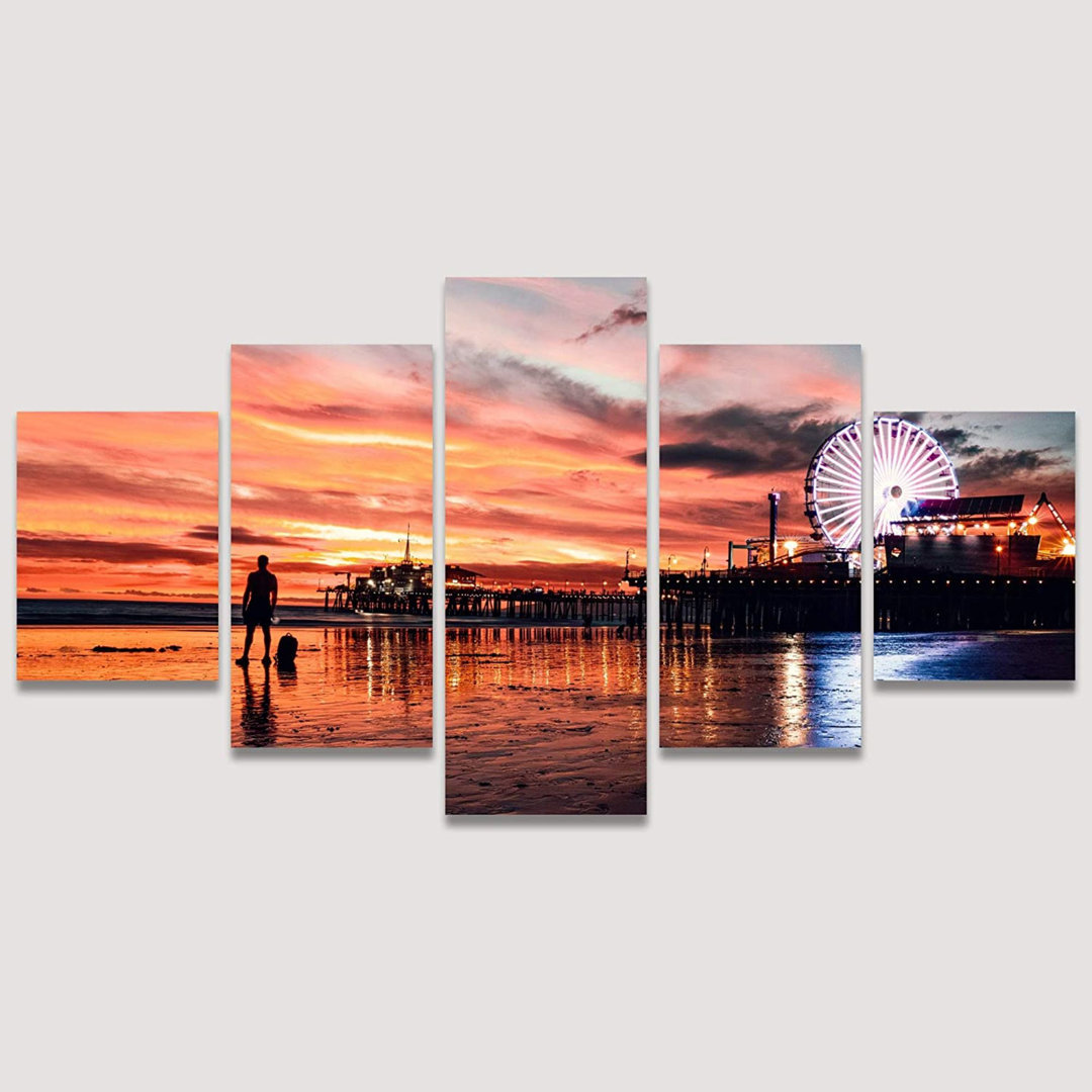 " SIGNLEADER Large Canvas Wall Art Print Santa Monica Pier California Beach At Sunset With Colorful Clouds Pictures Modern Artwork For Living Room Bedroom Office " 5 - Pieces SIGNLEADER