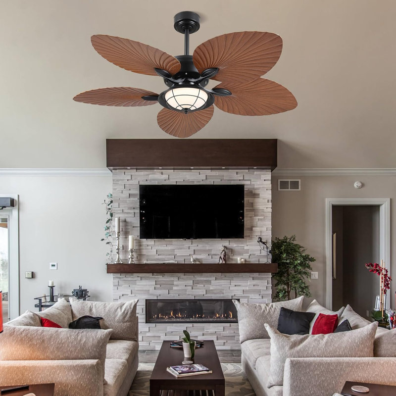 52" Outdoor 5-blede Palm Leaf Ceiling Fans With Lights And Remote,Wet Rated Tropical Waterproof Ceiling Fans For Patios Porch