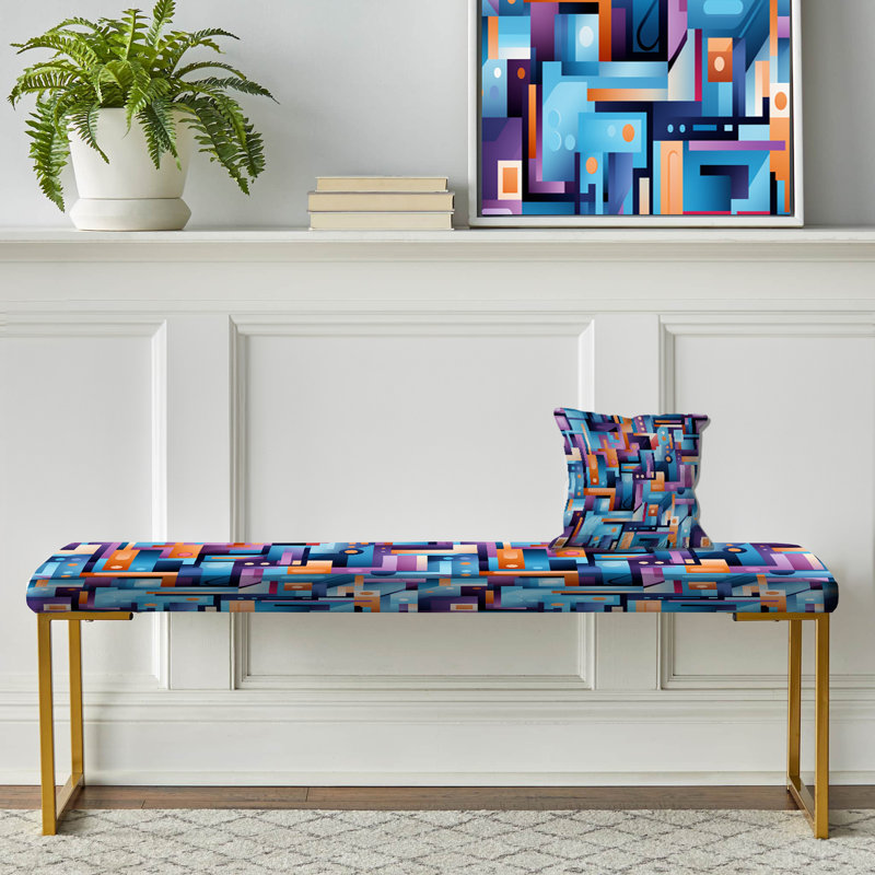 Purple And Blue Geo Haze - Geometric Upholstered Gold Bench