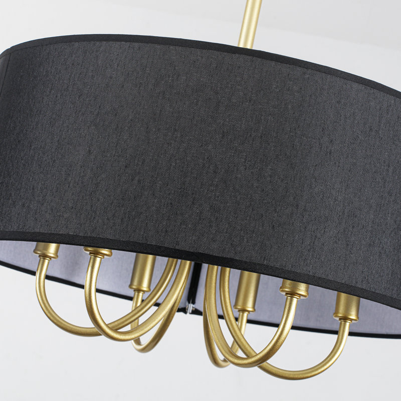 Lustre tambour de ferme moderne à 6 lumières avec abat-jour en lin 17,95 po, Blanc, Doré