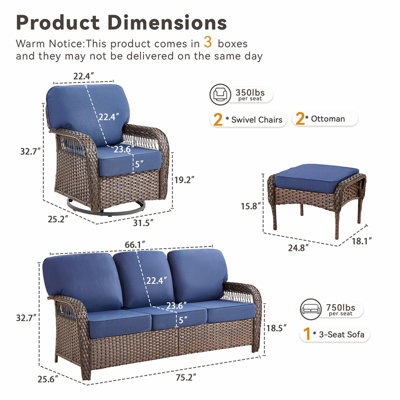 Ensemble de meubles de patio 5 pièces de luxe avec coussins de 5 po d'épaisseur avec ensemble de conversation en osier avec chaises berçantes pivotantes à dossier haut pour terrasse et bord de piscine
