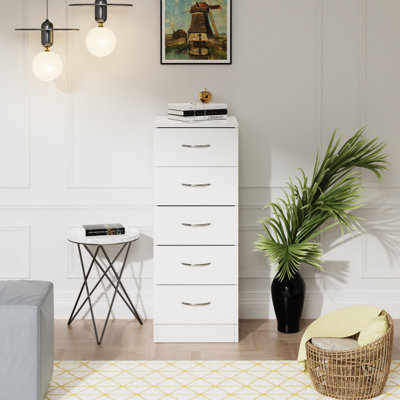 Delonna Narrow Tall Chest of 5 Drawers Bedside Bedroom Hallway Storage Cabinet Furniture