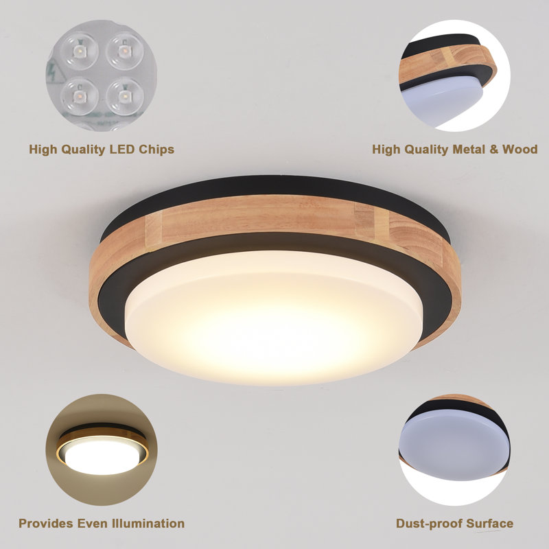 Modern Drum Design Circle Wood LED Flush Mount Ceiling Light Fixture For Kitchen, Bedroom, Foyer, Hallway, Laundry Room