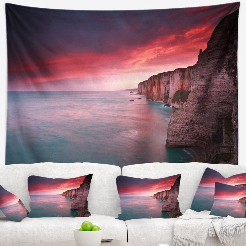 Photo de plage, lever de soleil spectaculaire sur la mer et tapisserie des falaises, H 78 po x l 92 po