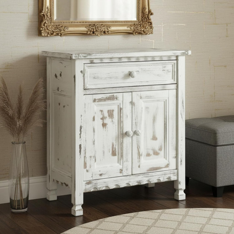 Country Cottage Accent Cabinet with Drawer, Adjustable Shelf & 2 Doors, White, White