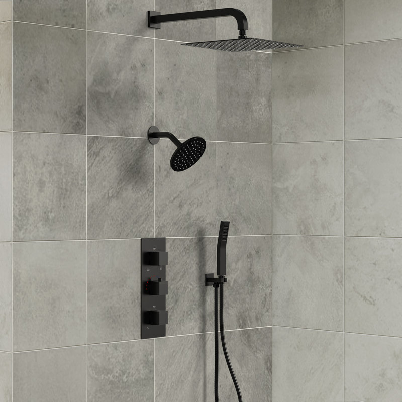 Système de pomme de douche thermostatique double, robinet de douche à pluie haute pression mural 12 "avec douchette, Noir mat