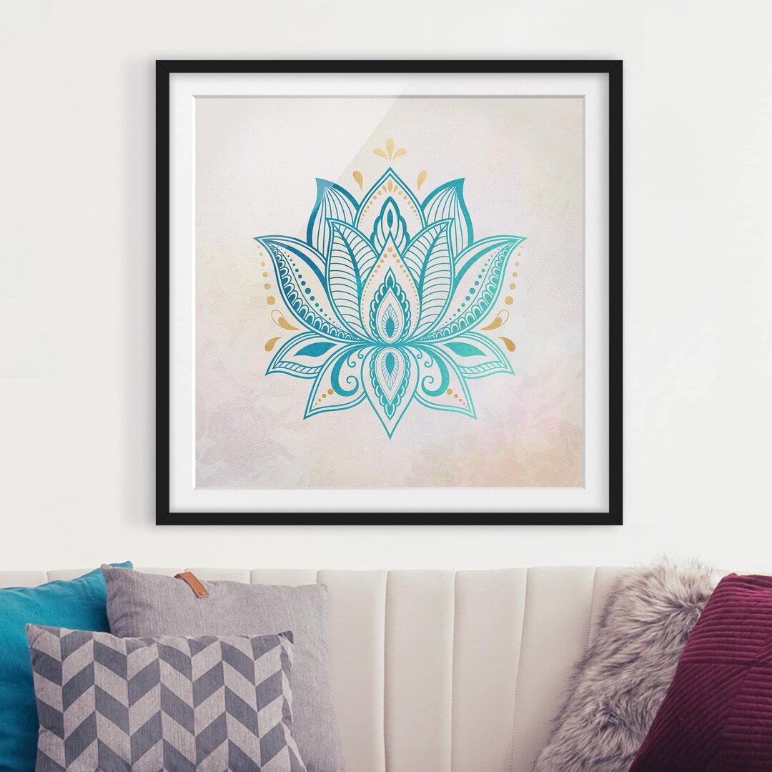 Gerahmtes Poster-Lotus-Illustrations-Mandala-Goldblau