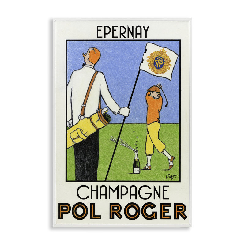 «Vintage Golfers Champagne», art de la giclée par Jean-Pierre Got, H 24 po x l 16 po, Giclée encadrée blanc bord de mer