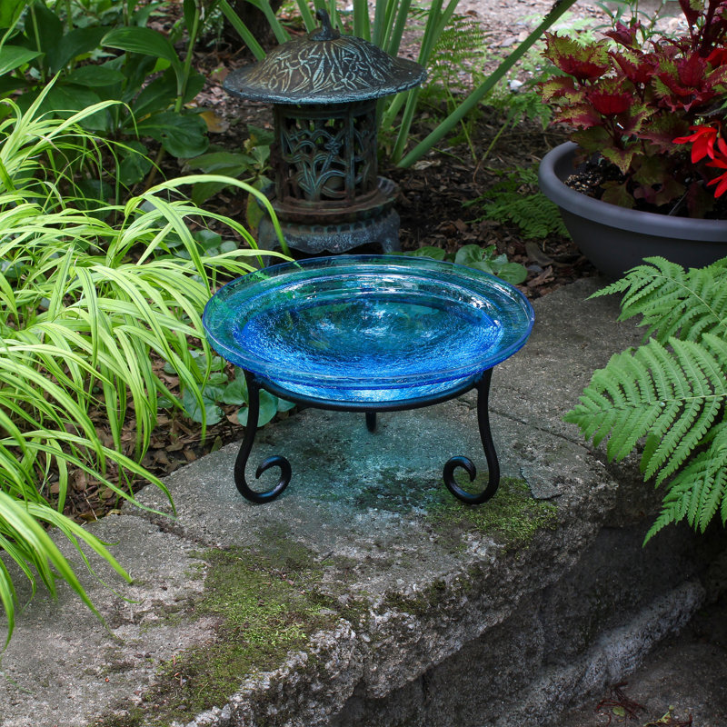 Bain d'oiseaux craquelé 12 po avec support court, Bleu sarcelle