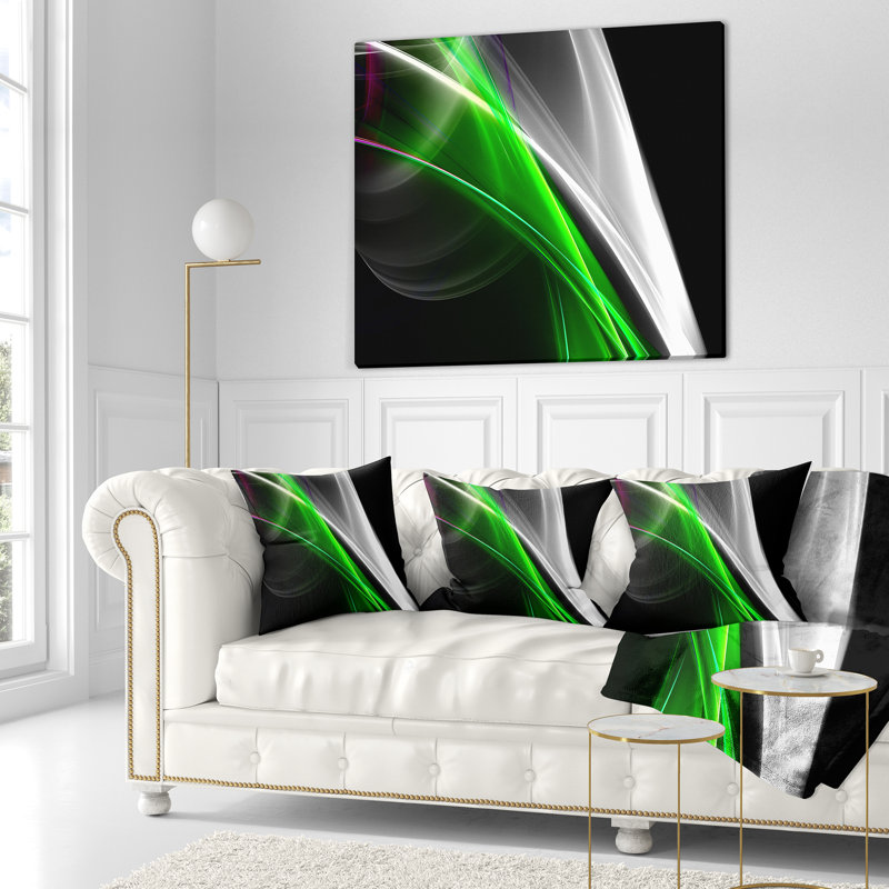 Coussin décoratif abstrait, motif fractal vert blanc - lignes fractales vert blanc, 18 po x 18 po