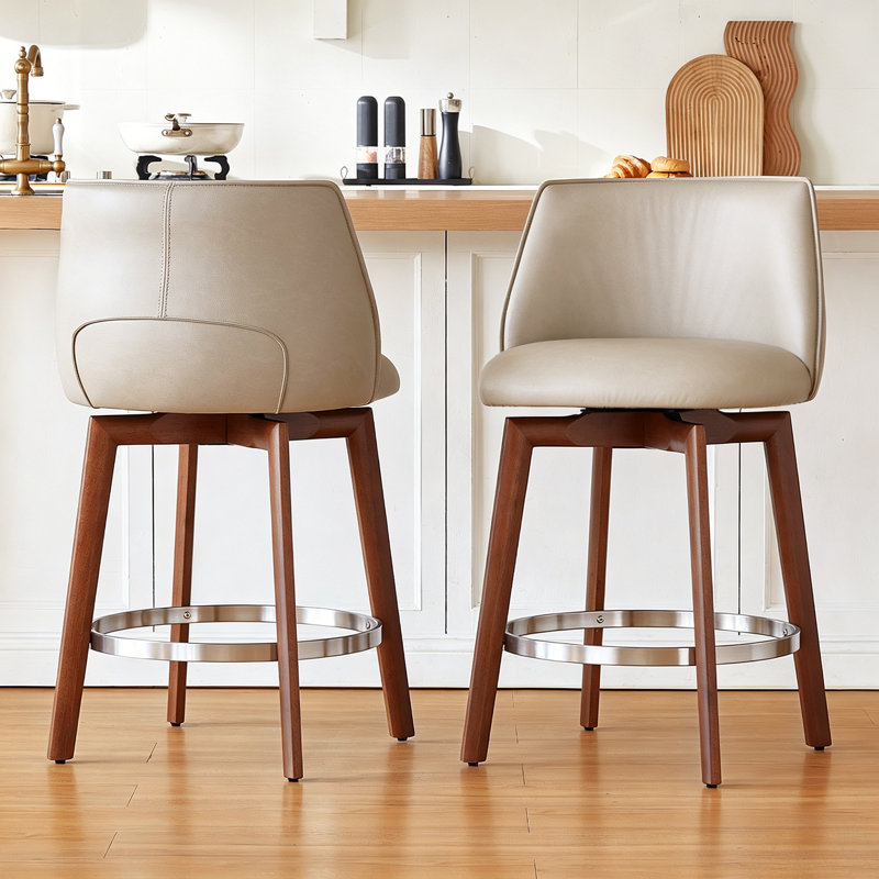 Modern Counter Height Bar Stools Set of 2, 26'' Swivel Bar Stools with Backs Sturdy Solid Wood Legs,Khaki Faux Leather Counter Stools for Kitchen Island