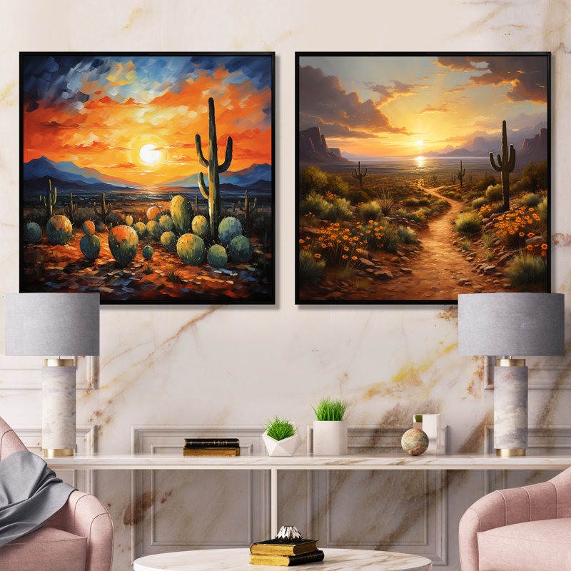 Cactus coucher de soleil, désert, rêves au Mexique I - ensemble de 2 reproductions d'art du désert, Cadre flottant noir