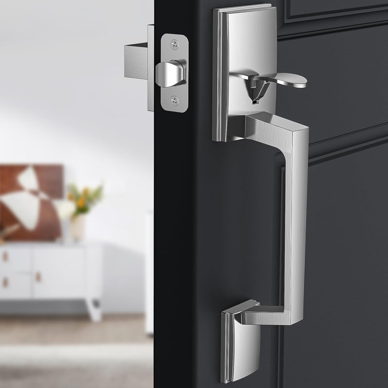 Poignée de porte extérieure moderne avec levier de passage, réversible pour porte gauche et droite, Nickel satiné