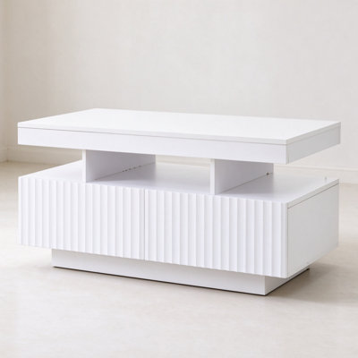 White Ribbed Drawer Coffee Table with LED Ambient Lighting, Stylish Sofa End Table for Living Space