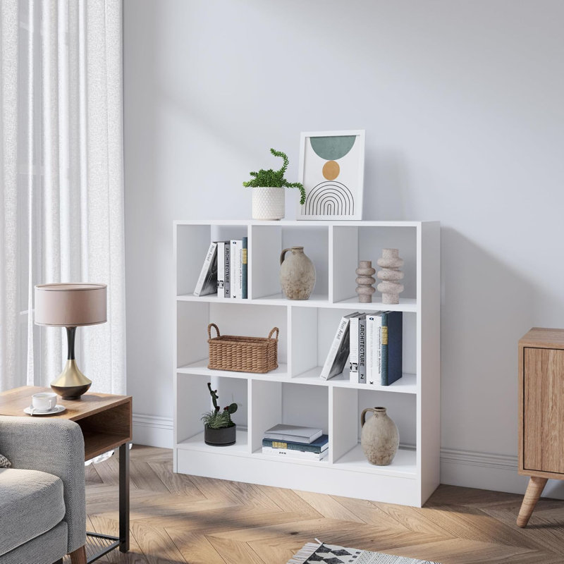 Ebern Designs Bookcase, 8 Cube Open Storage Organizer Display Bookshelf, Ivory White, 39.4"H x 39.4"W x 11"D