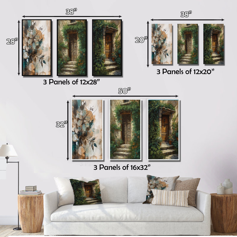 «Brown and Green Nature's Front Door Greeting», 3 pièces sur toile, Cadre flottant noir, H 20 po x l 36 po
