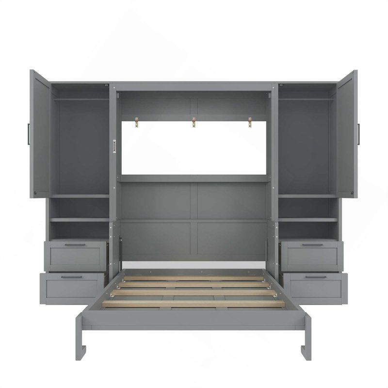 Lit escamotable double pleine grandeur avec placard, tiroirs et tablettes, gris