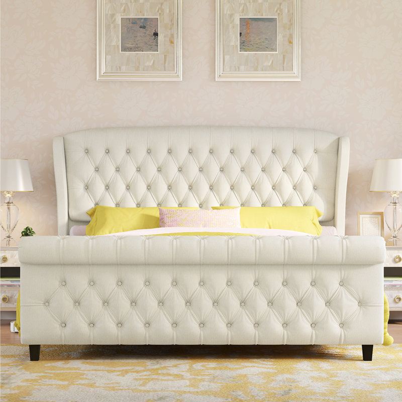 Lit-bateau tapissier en chenille / velours, Très grand, Crème