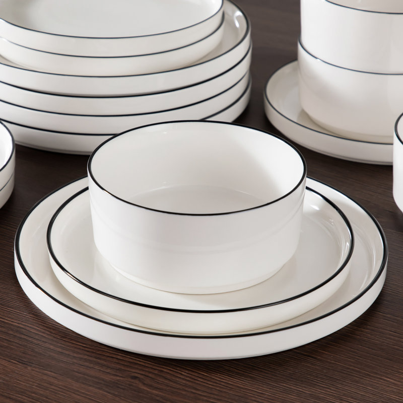 24 Piece Porcelain China Dinnerware Set - Service for 8 , White/Black