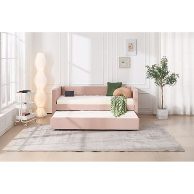 Lit de jour simple rembourré avec lit gigogne, port USB, poches latérales, dossier à motif en V moderne, aucun sommier nécessaire, pour chambre à coucher, chambre d'amis (rose, simple)