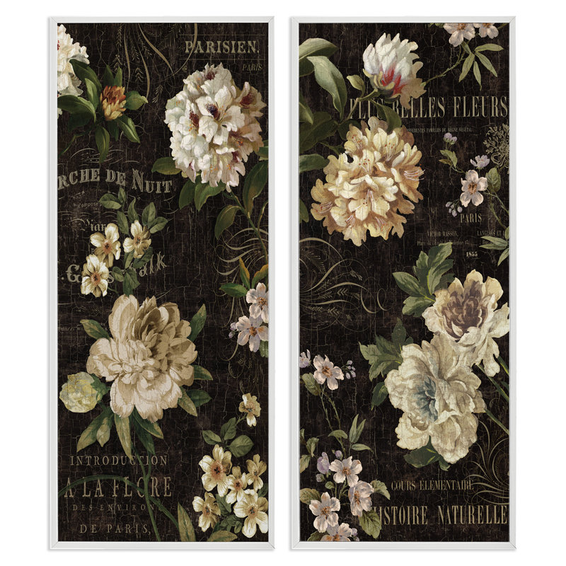 Vintage French Typography Flowers 2 Piece White Framed Giclee Art Set by Deborah Devellier, 30" H x 26" W x 1.5" D