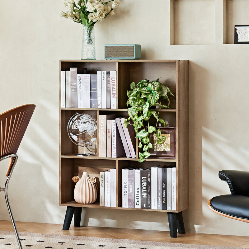 7 Cube Bookshelf, 3 Tier Modern Bookcase With Legs, Wood Cubeicals Organizer Storage Open Shelves, Retro Display Book Shelf, Freestanding Short Book Case For Bedroom,Living Room,Office