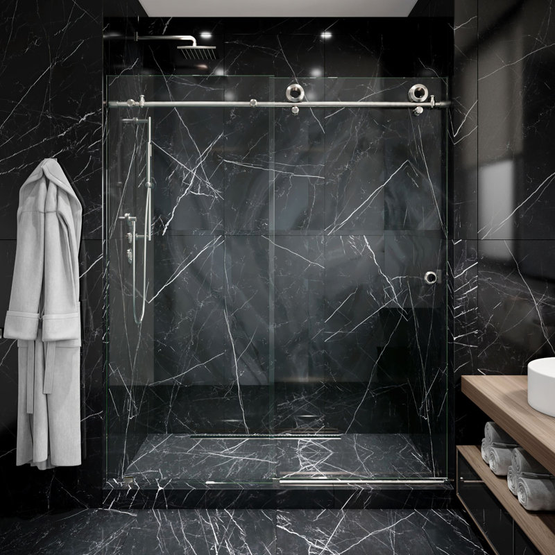  Hugo 56 - Porte de douche coulissante sans cadre 60 x 78 po en verre trempé transparent 3/8 po, Stainless Steel