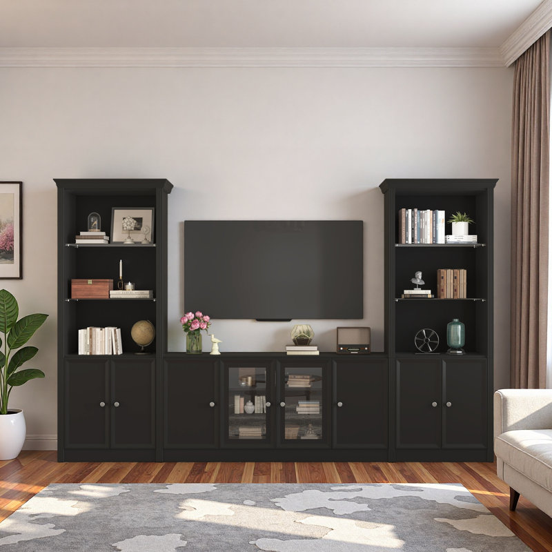 128.2" W Wall Unit Entertainment Center TV Stand With Bookshelves For Tvs Up To 80",, Black