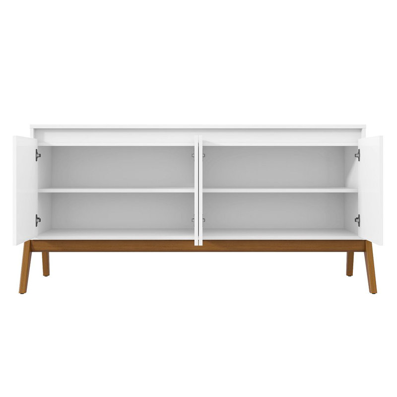 Buffet en bois massif de style Mid-Century 63 po avec 4 tablettes Gales, Blanc mat