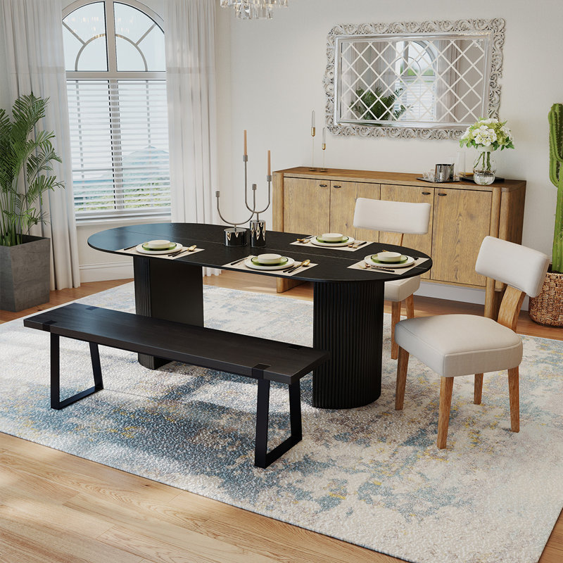 Ensemble de table de salle à manger 4 pièces en bois massif rustique avec chaise et banc, Noir, Beige/brun