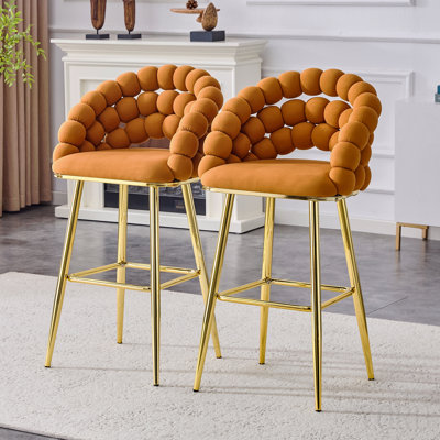 Set Of 2 Orange Puffy Bubble Chair Ball Chain Chair Velvet Bar Stools With Gold Legs, Modern Tufted Accent Bar Chairs For Kitchen Island & Home Bar