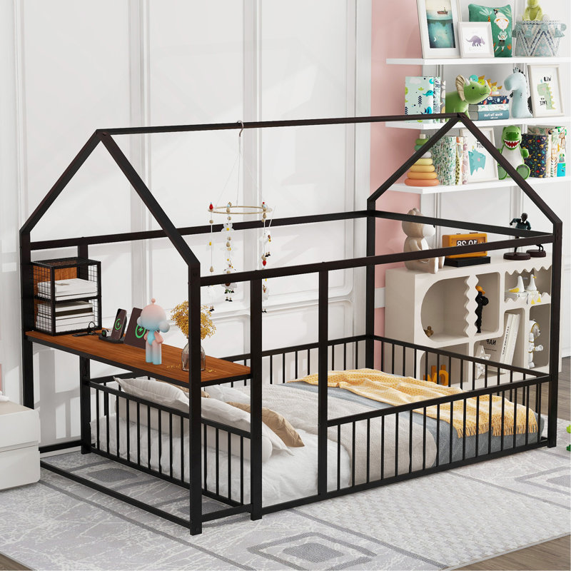 Structure de lit pleine grandeur en métal avec bureau, tablettes, prises de courant et ports USB, Noir