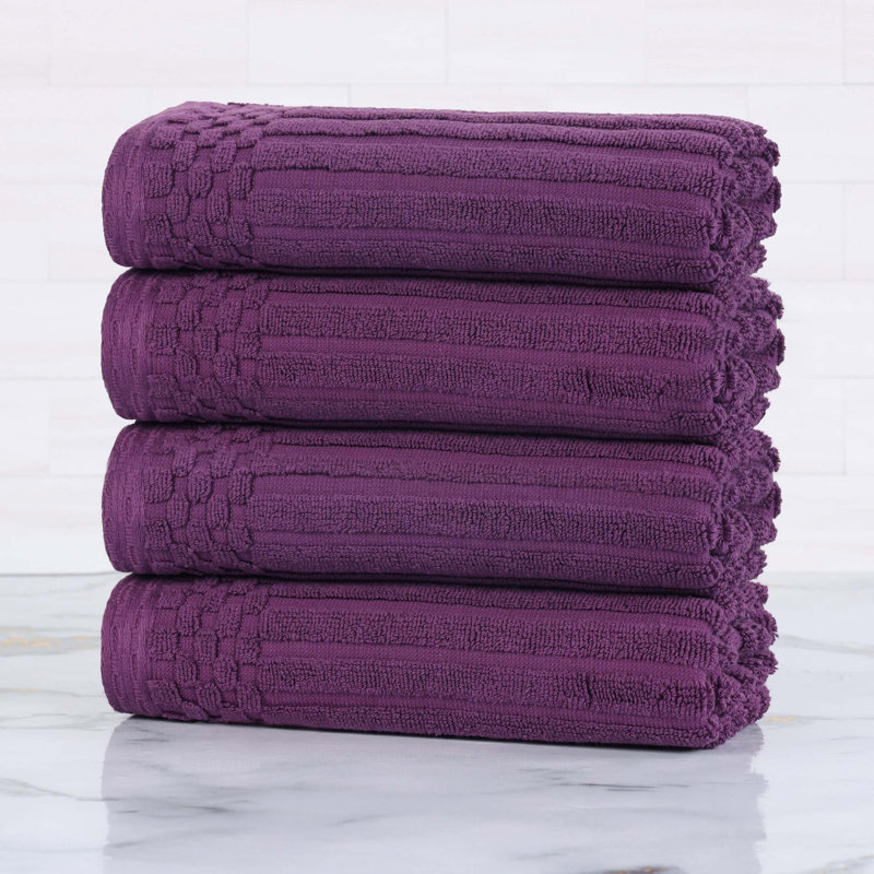Kleiman Cotton Highly Absorbent Solid and Checkered Border Hand Towel Set, Purple