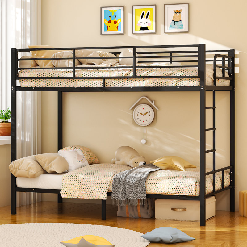 Black Twin Over Twin Steel Bunk Beds Frame,14.8" Height Guardrail For Kids Adult Children, Black