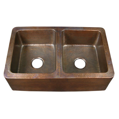 33.75'' L Double Bowl Copper Kitchen Sink