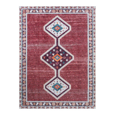 Machine Washable  Burgundy Tone Ethnic Patterned Traditional Patterned Vintage Decorative Rug