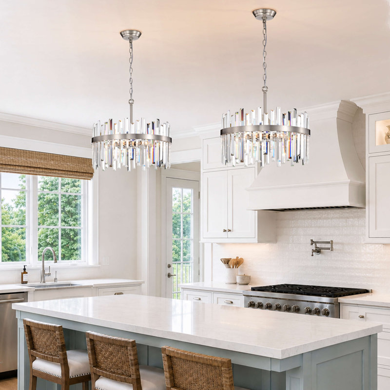Lustre tambour en cristal 5 lumières Casandra - nickel satiné