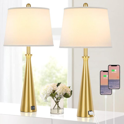 Ensemble de 2 lampes de table avec 2 ports de charge USB, lampe de chevet dorée avec interrupteur rotatif, lampe de chevet haute en laiton de 26,4 po