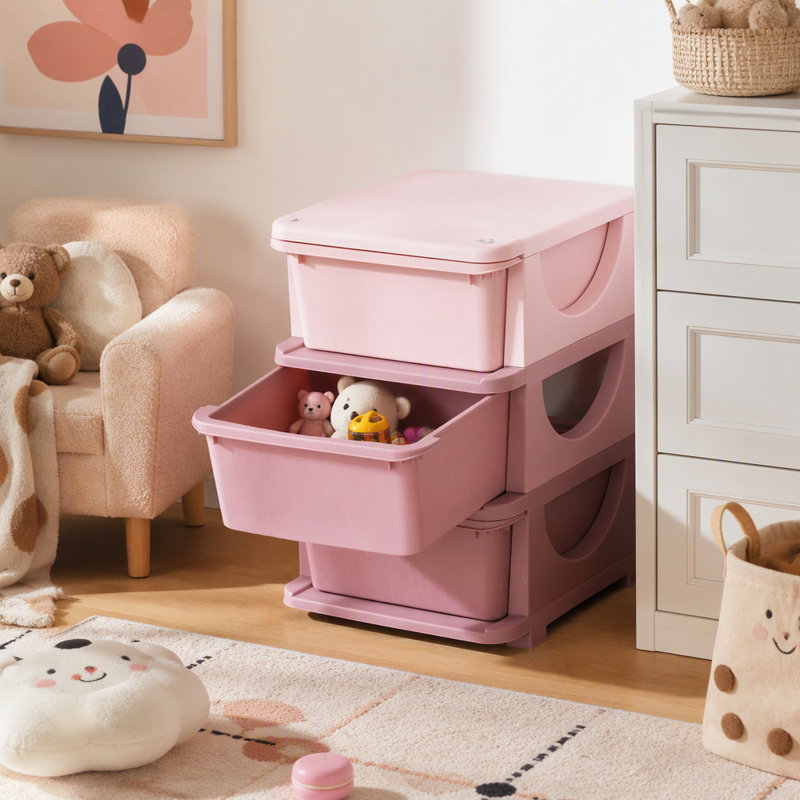 Unité de rangement pour commode à 3 niveaux avec tiroirs et coffre à jouets pour chambre d'enfant, Rose